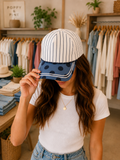 DENIM BLUE POLKA DOT PATTERNED BRIM HAT