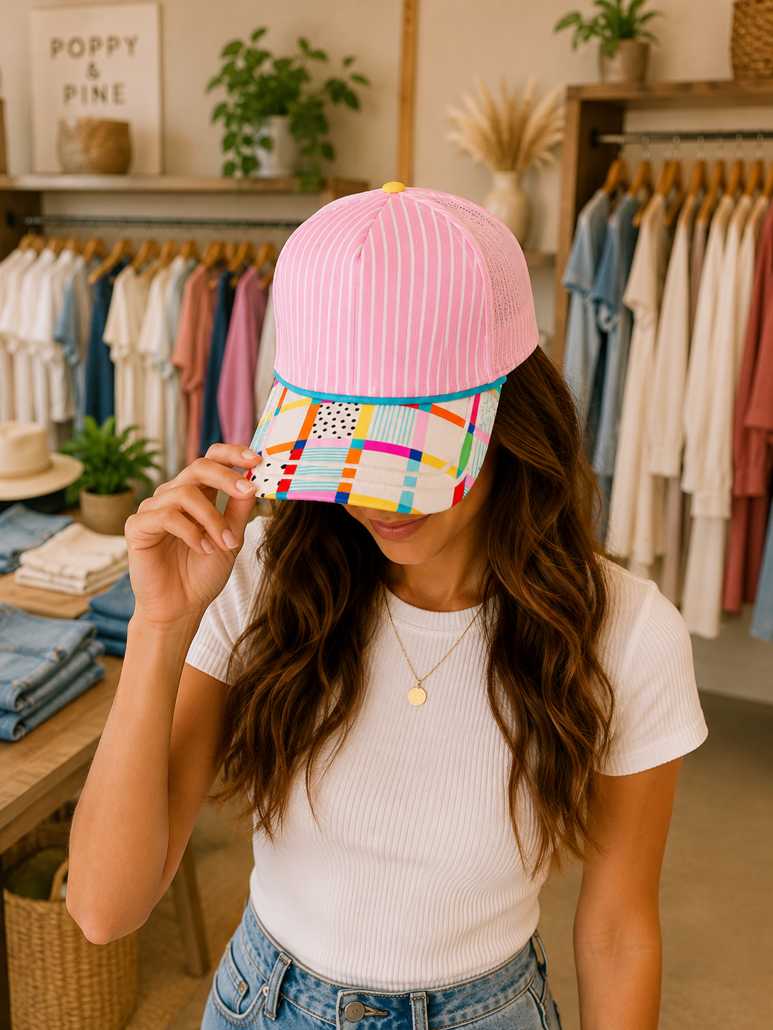 PINK PLAID PATTERNED BRIM HAT