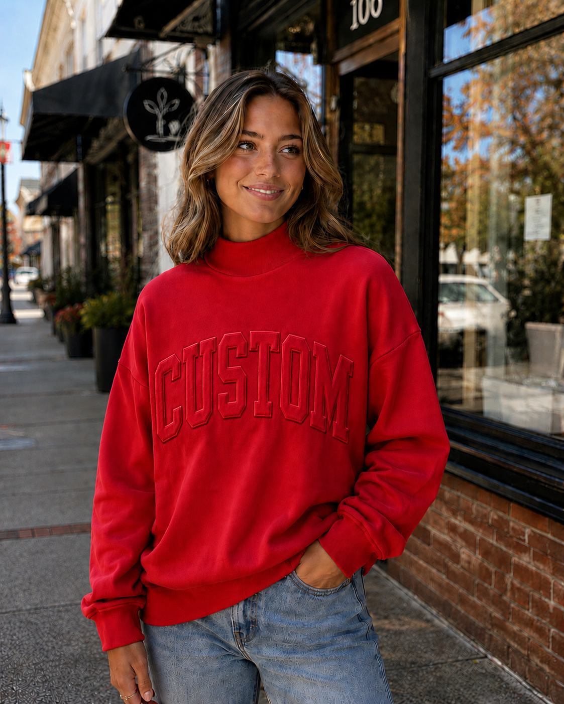 CUSTOM RED EMBOSSED MOCKNECK
