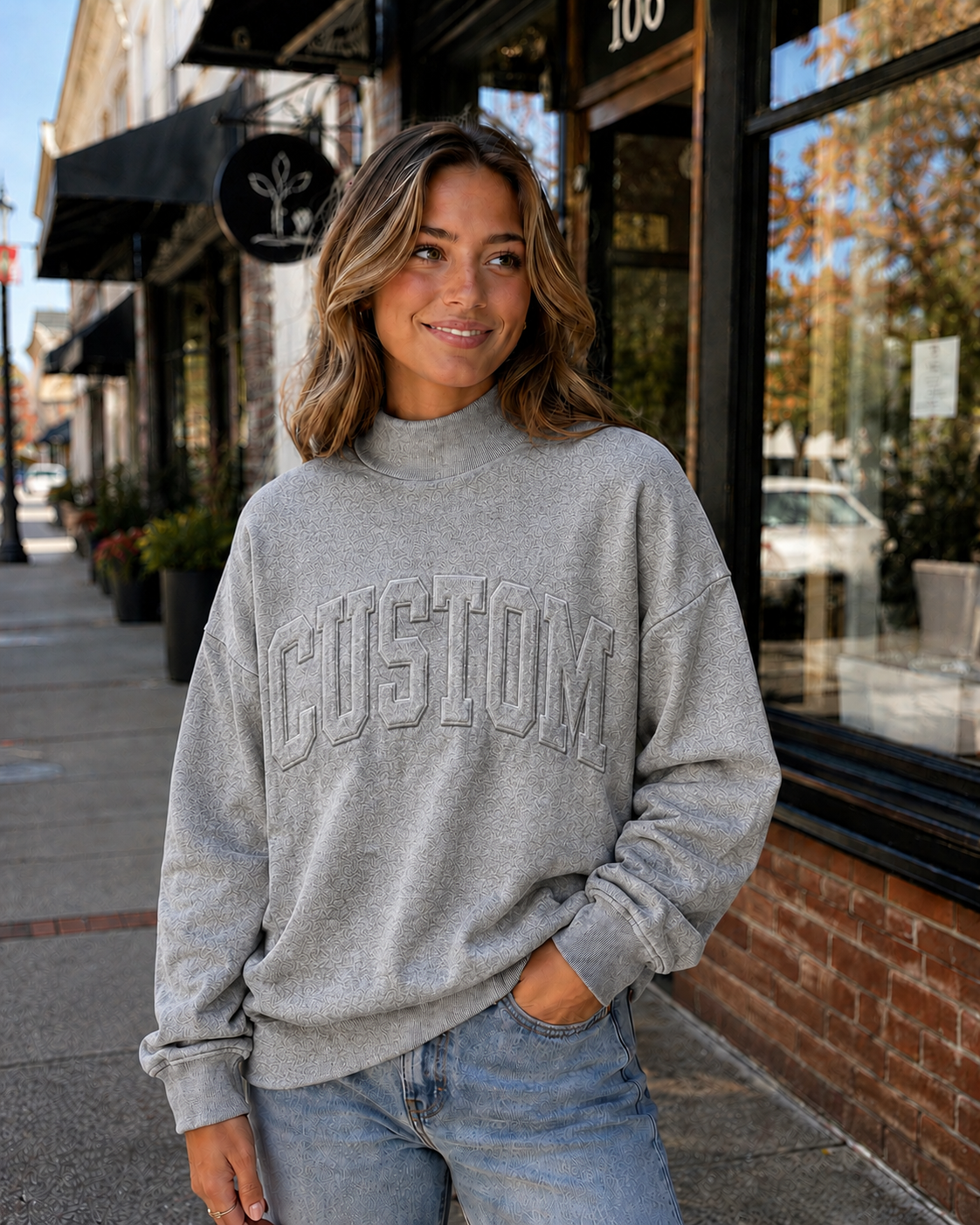 CUSTOM HEATHER GREY EMBOSSED MOCKNECK